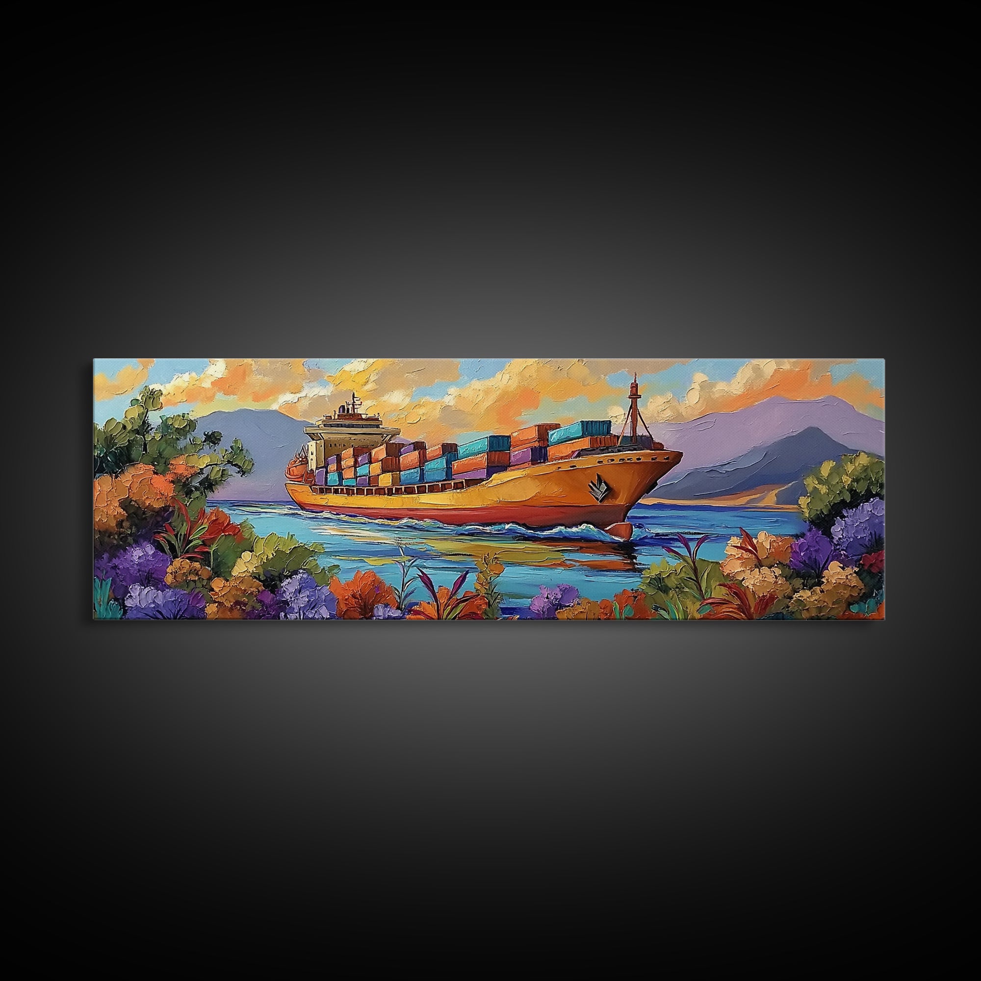 Coastal Cargo Ship, Vibrant Ocean Painting, Nautical Decor, Container Ship Art, Canvas Print, Modern Seascape, Office Wall Art, Boho Art