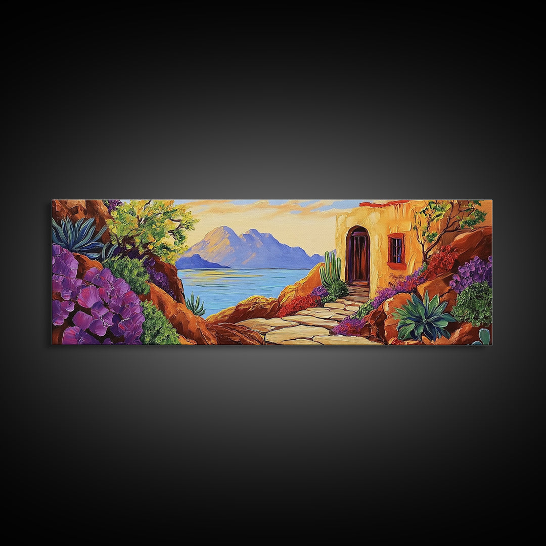 Adobe House View, Desert Coastal Path, Southwest Landscape, Mountain Ocean Art, Canvas Print, Kitchen Wall Art, Warm Boho Style