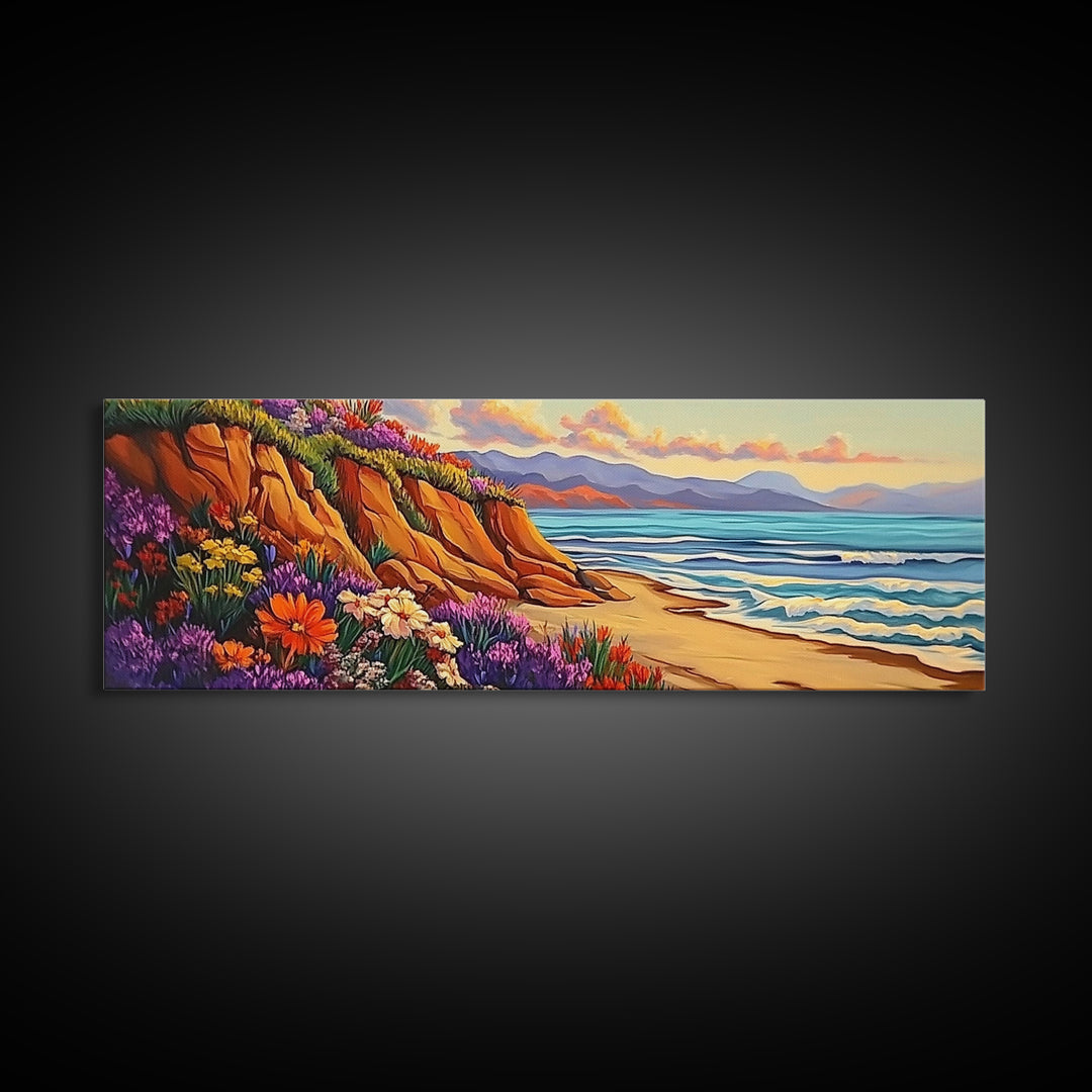 Cliffside Flowers, Ocean Waves, Sunset Coast, Canvas Print, Vibrant Coastal Wall Art, Bedroom or Bathroom Decor, Bohemian Beach Art