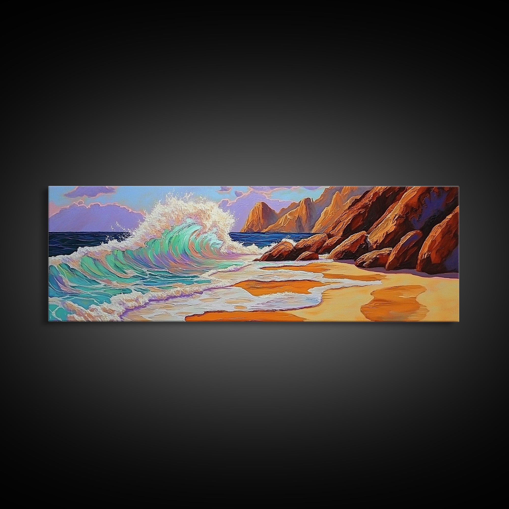 Crashing Wave, Coastal Shore, Sunset Beach, Framed Canvas Print, Ocean Wall Art, Beach Decor, Vibrant Surf Painting, Bathroom Art