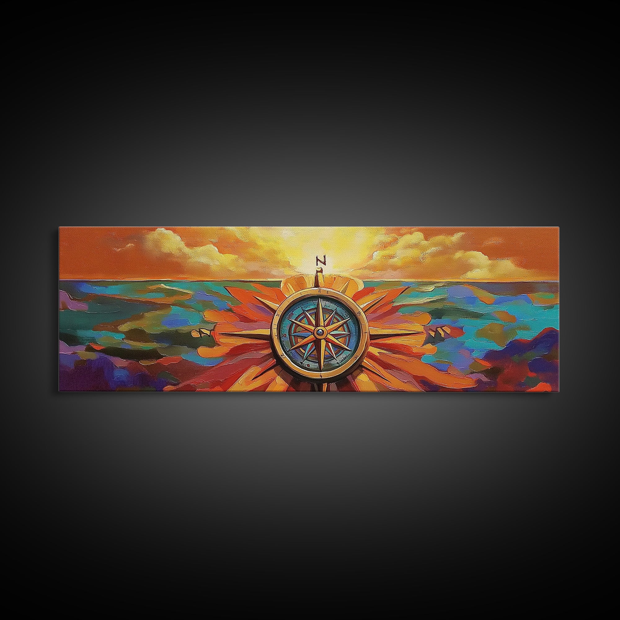 Compass Rose, Nautical Decor, Seafaring Art, Sunset Ocean, Framed Canvas Print, Beach House Art, Office Wall Art, Boho Travel Art