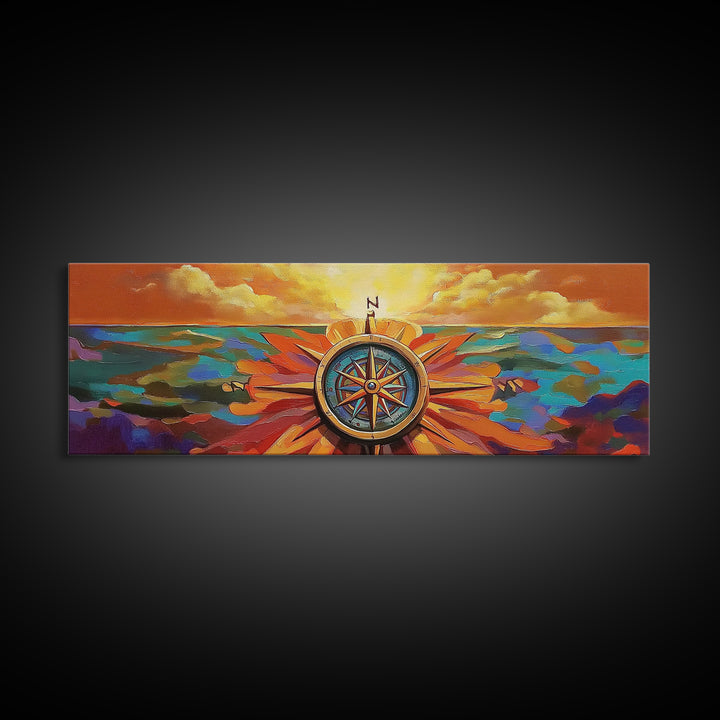 Compass Rose, Nautical Decor, Seafaring Art, Sunset Ocean, Framed Canvas Print, Beach House Art, Office Wall Art, Boho Travel Art