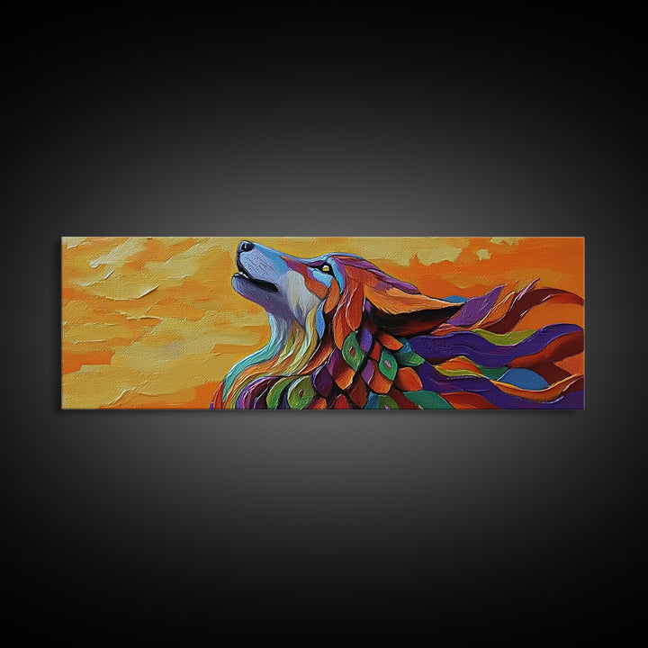 Colorful Wolf, Spirit Animal, Autumn Sky, Boho Vibes, Framed Canvas Print, Eclectic Wall Art, Bedroom Accent, Mystical Animal Painting