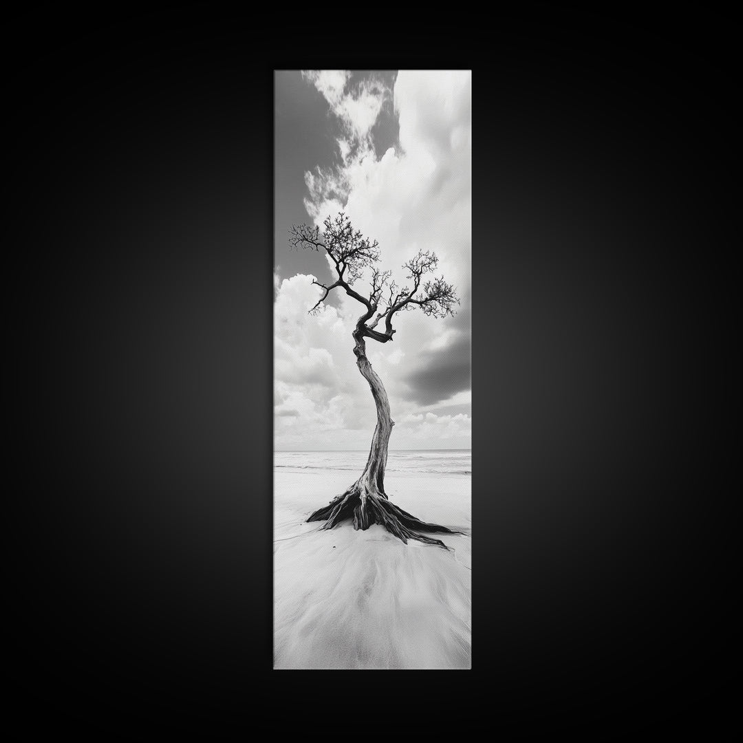 Solitary Tree, Beach Art, Surreal Landscape, Moody Wall Decor, Framed Canvas Print, Meditation Room Art, Monochrome Nature Style