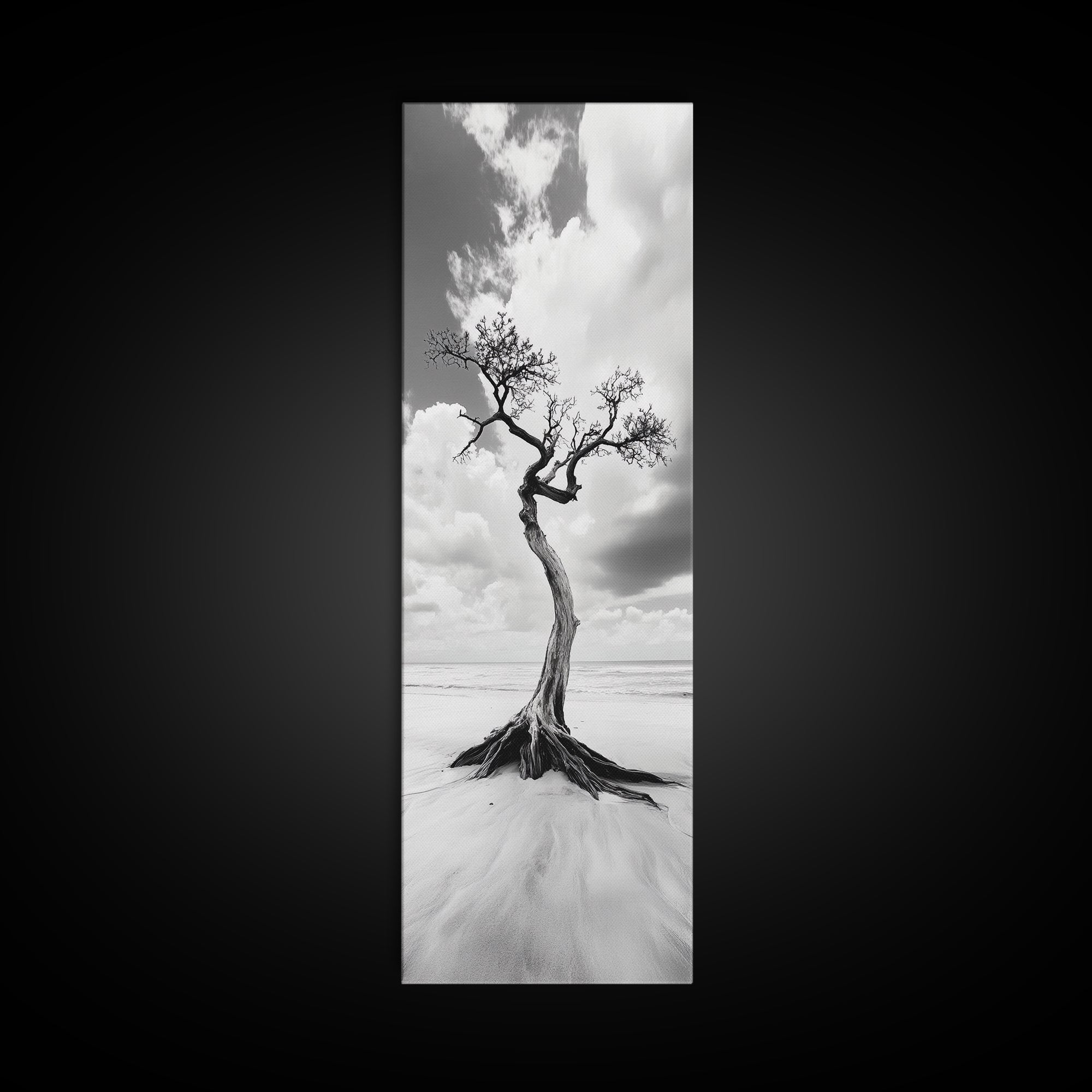 Solitary Tree, Beach Art, Surreal Landscape, Moody Wall Decor, Framed Canvas Print, Meditation Room Art, Monochrome Nature Style