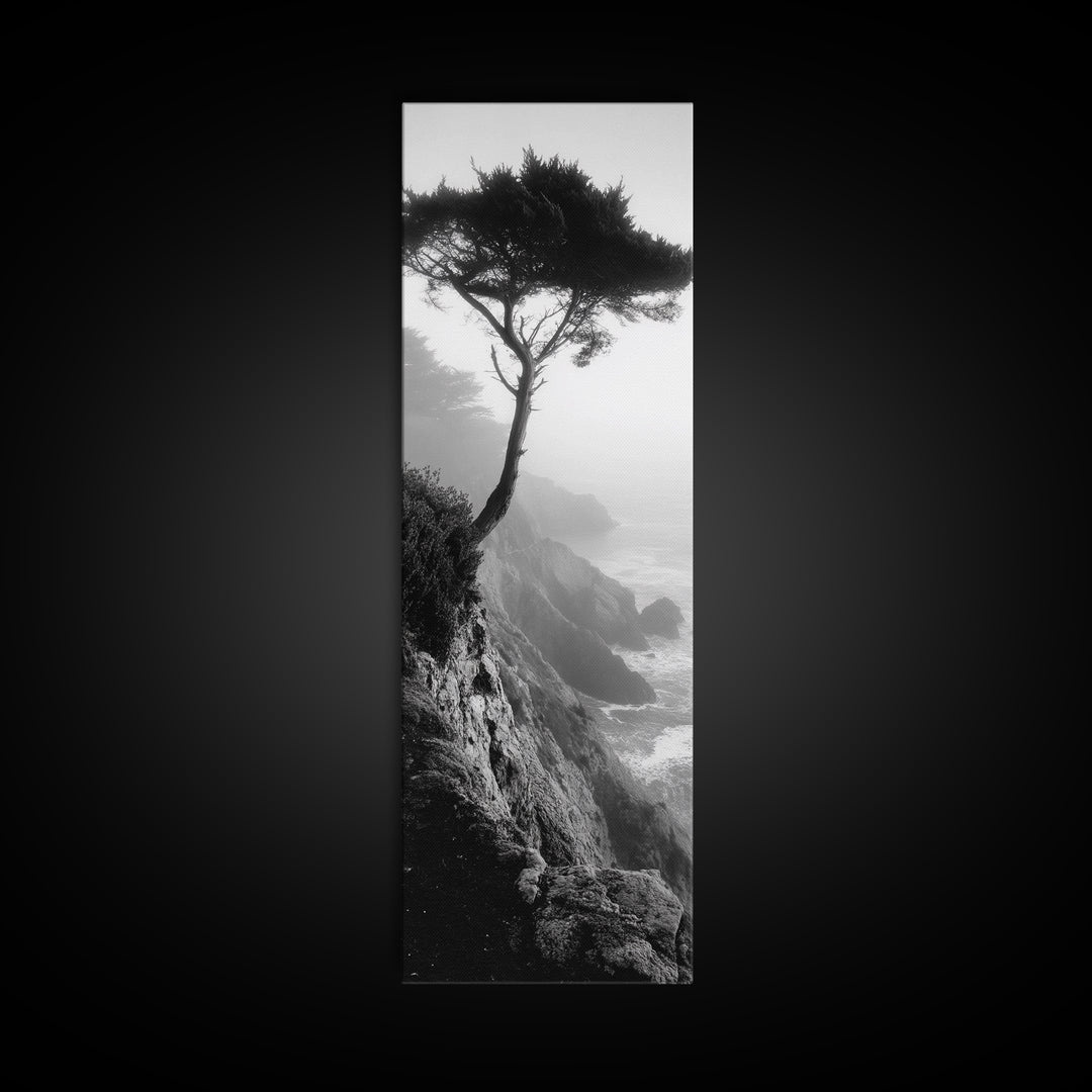 Coastal Tree, Cliff View, Ocean Mist, Moody Landscape, Canvas Print, Serene Bedroom Art, Monochrome Nature Photography Style