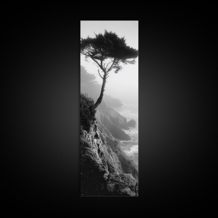 Coastal Tree, Cliff View, Ocean Mist, Moody Landscape, Canvas Print, Serene Bedroom Art, Monochrome Nature Photography Style