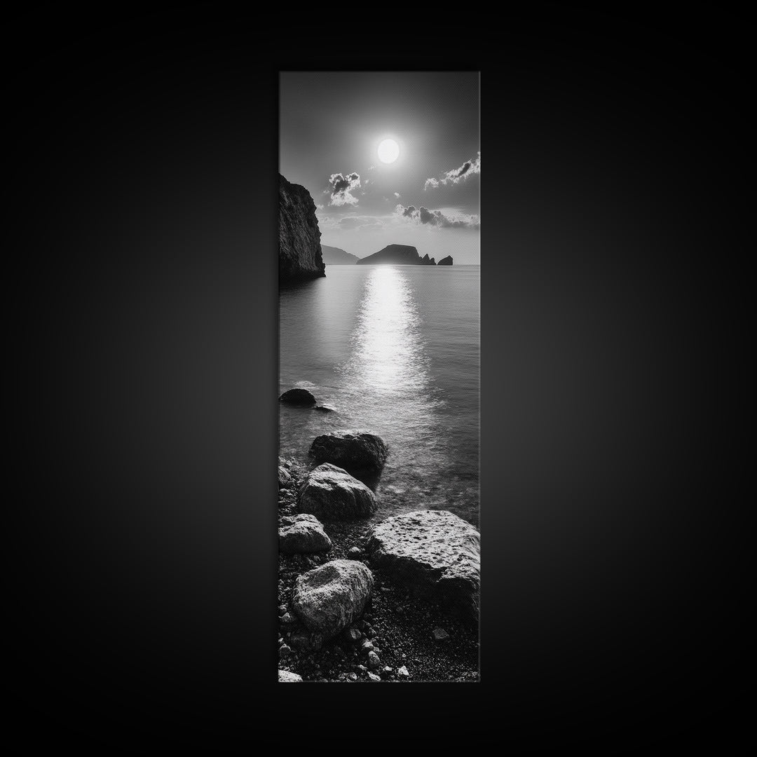 Moonlight Ocean View, Coastal Photography Art, Seascape Print, Framed Canvas Print, Bathroom Wall Art, Neutral Beach Decor