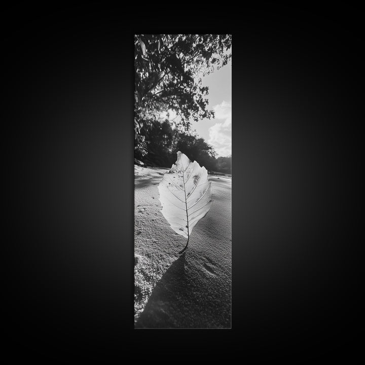 Autumn Leaf Beach, Fall Nature Scene, Minimal Wall Decor, Framed Canvas Print, Seasonal Bedroom Art, Black and White Photography