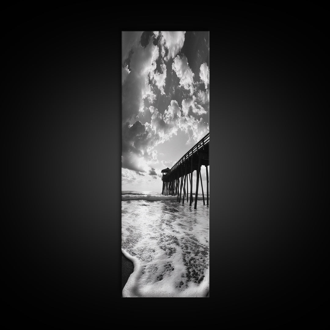 Pier at Sunrise, Ocean Horizon Print, Seascape Photography, Framed Canvas Print, Coastal Bathroom Wall Art, Nautical Theme Decor