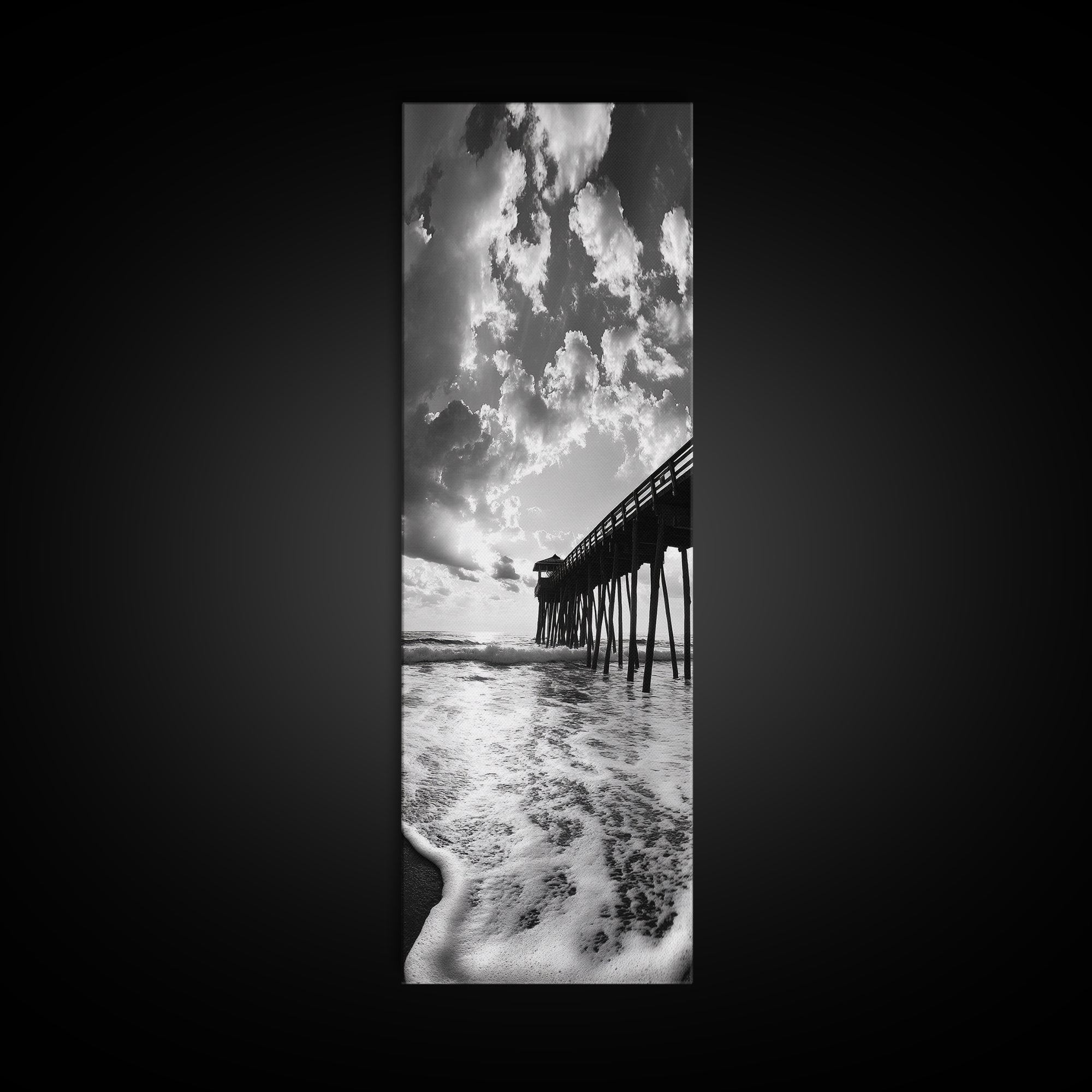Pier at Sunrise, Ocean Horizon Print, Seascape Photography, Framed Canvas Print, Coastal Bathroom Wall Art, Nautical Theme Decor