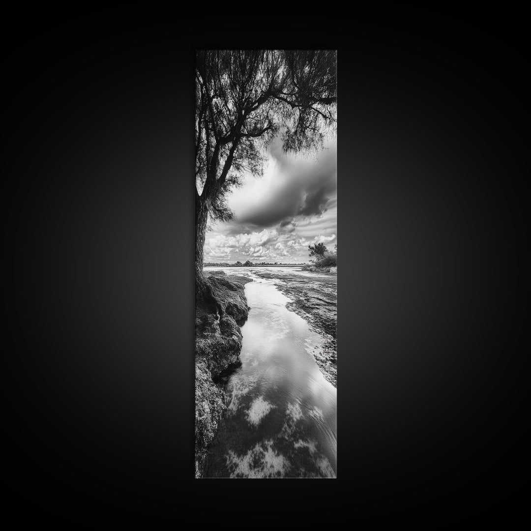 River Through Trees, Tranquil Forest Stream, Reflective Nature Art, Framed Canvas Print, Zen Living Room Wall Decor, Calm Scene