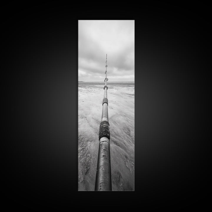 Pipeline Perspective, Industrial Seascape, Grunge Aesthetic, Framed Canvas Print, Coastal industrial art, Minimalist hallway decor, Monochrome print