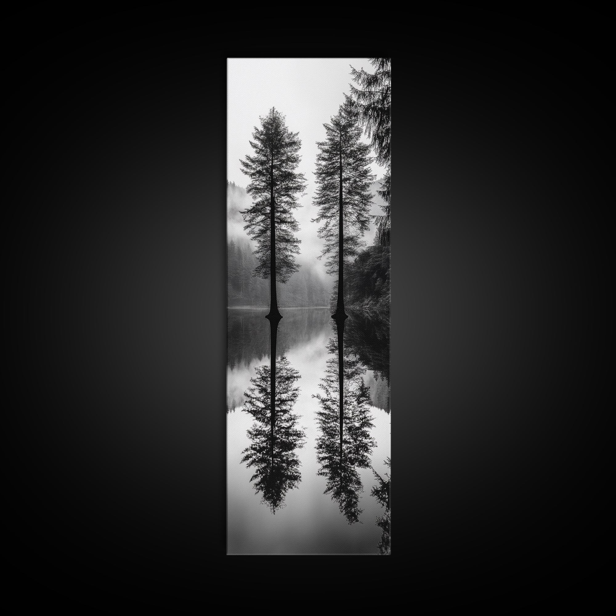 Twin Pines, Forest Reflection, Misty Lake, Black and White Nature, Framed Canvas Print, Living Room Wall Art, Nature Photography, Zen Decor