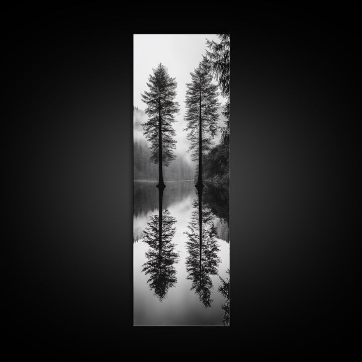 Twin Pines, Forest Reflection, Misty Lake, Black and White Nature, Framed Canvas Print, Living Room Wall Art, Nature Photography, Zen Decor