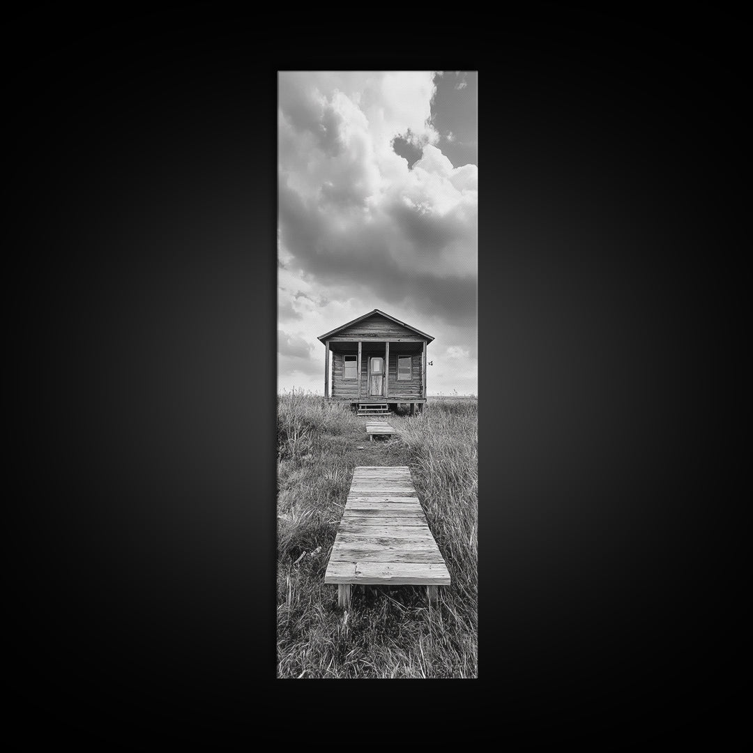 Rustic Cabin, Country Path, Prairie Landscape, Black and White Photo, Framed Canvas Print, Farmhouse Wall Art, Autumn Decor, Nature Style