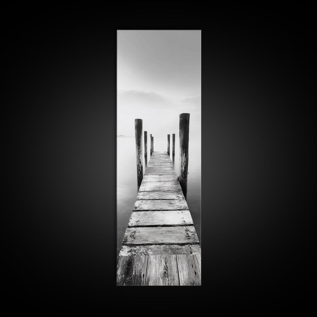 Rustic Dock, Peaceful Lake, Minimal Landscape, Black and White Art, Canvas Print, Tranquil Nature Scene, Entryway Art, Bedroom Wall Art