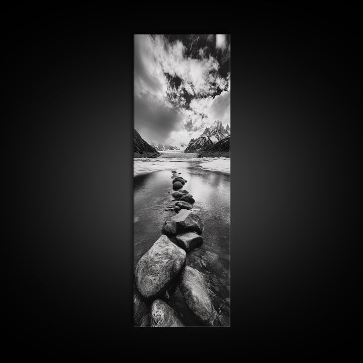Mountain Stream, Stone Path, Black and White Nature, Scenic Landscape, Framed Canvas Print, Modern Cabin or Rustic Wall Decor, Office Art
