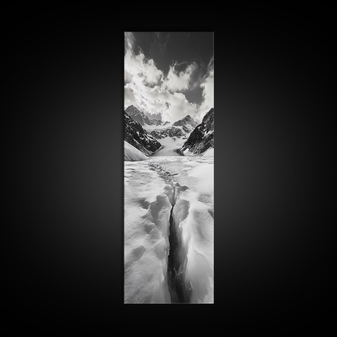 Glacier Trail, Snowy Valley, Black and White Mountain Art, Crevasse Texture, Canvas Print, Winter Landscape, Office Print, Entry Wall Art