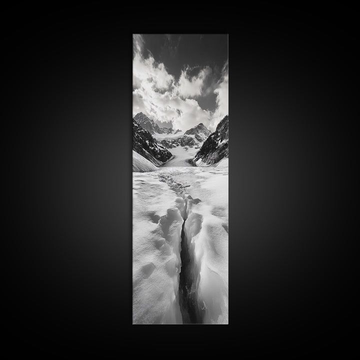 Glacier Trail, Snowy Valley, Black and White Mountain Art, Crevasse Texture, Canvas Print, Winter Landscape, Office Print, Entry Wall Art