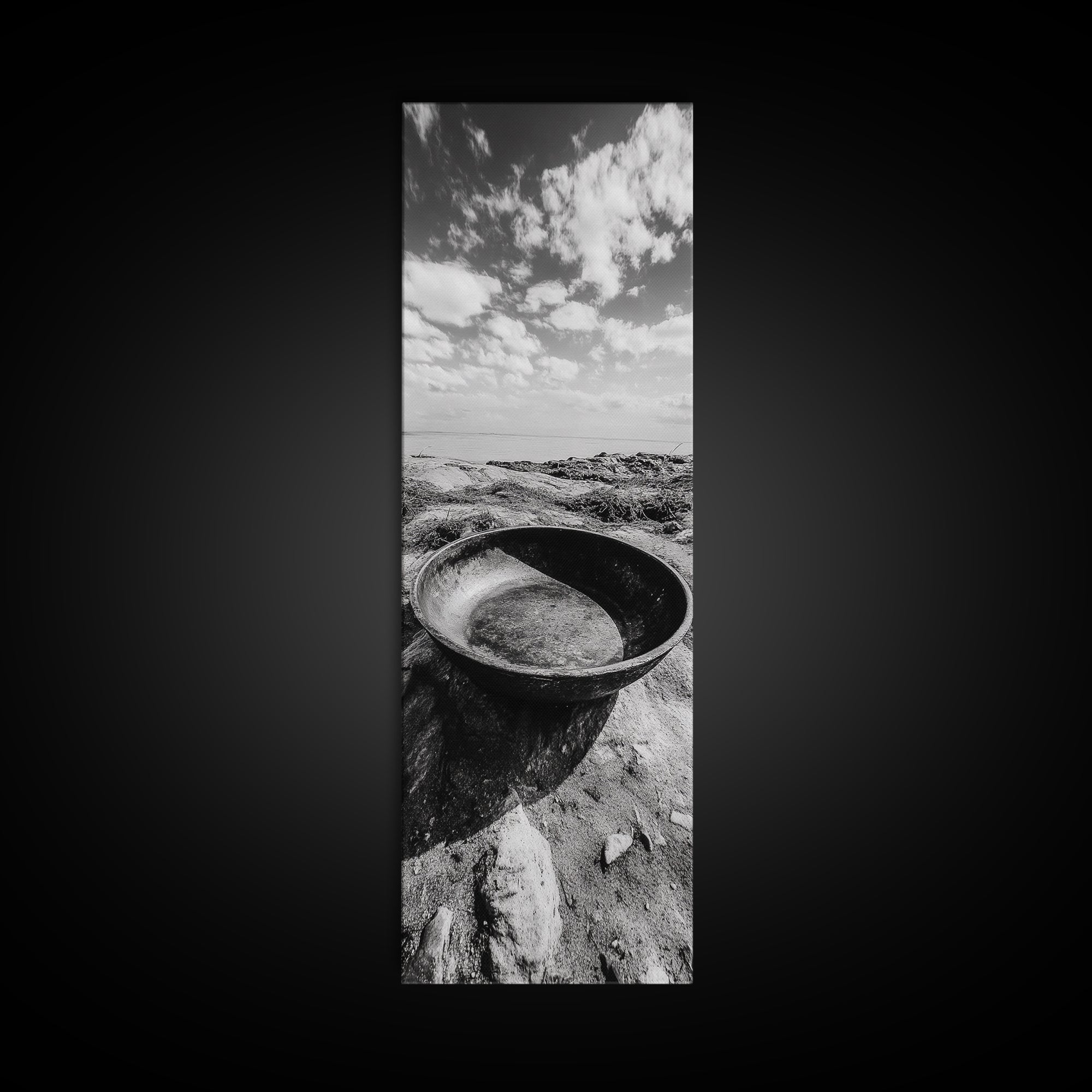 Desert Bowl, Coastal Landscape, Black and White Texture, Minimal Earth Tones, Framed Canvas Print, Rustic Farmhouse Kitchen Wall Art