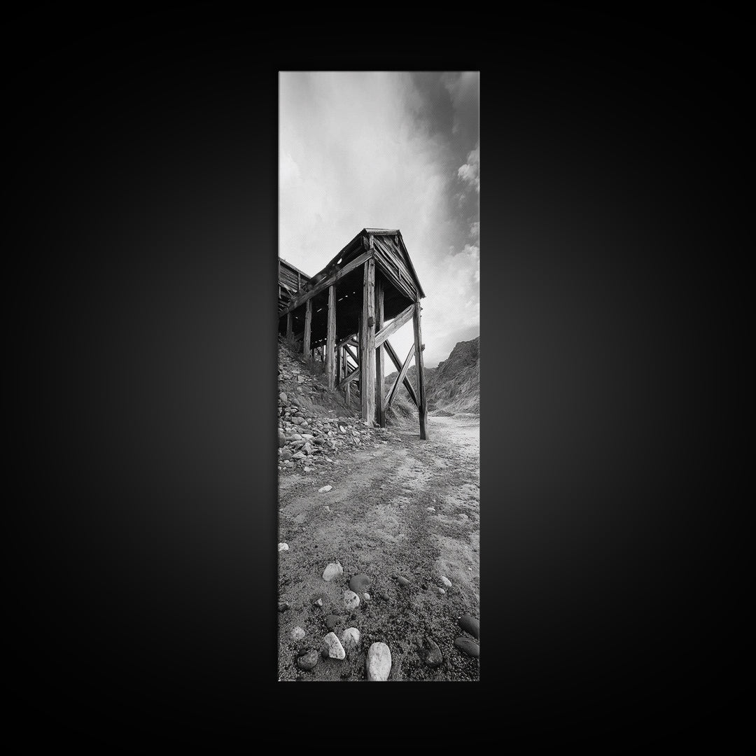 Abandoned Mine, Wooden Structure, Desert Scene, Western Vibes, Black and White Canvas Print, Industrial Rustic Living Room Wall Art