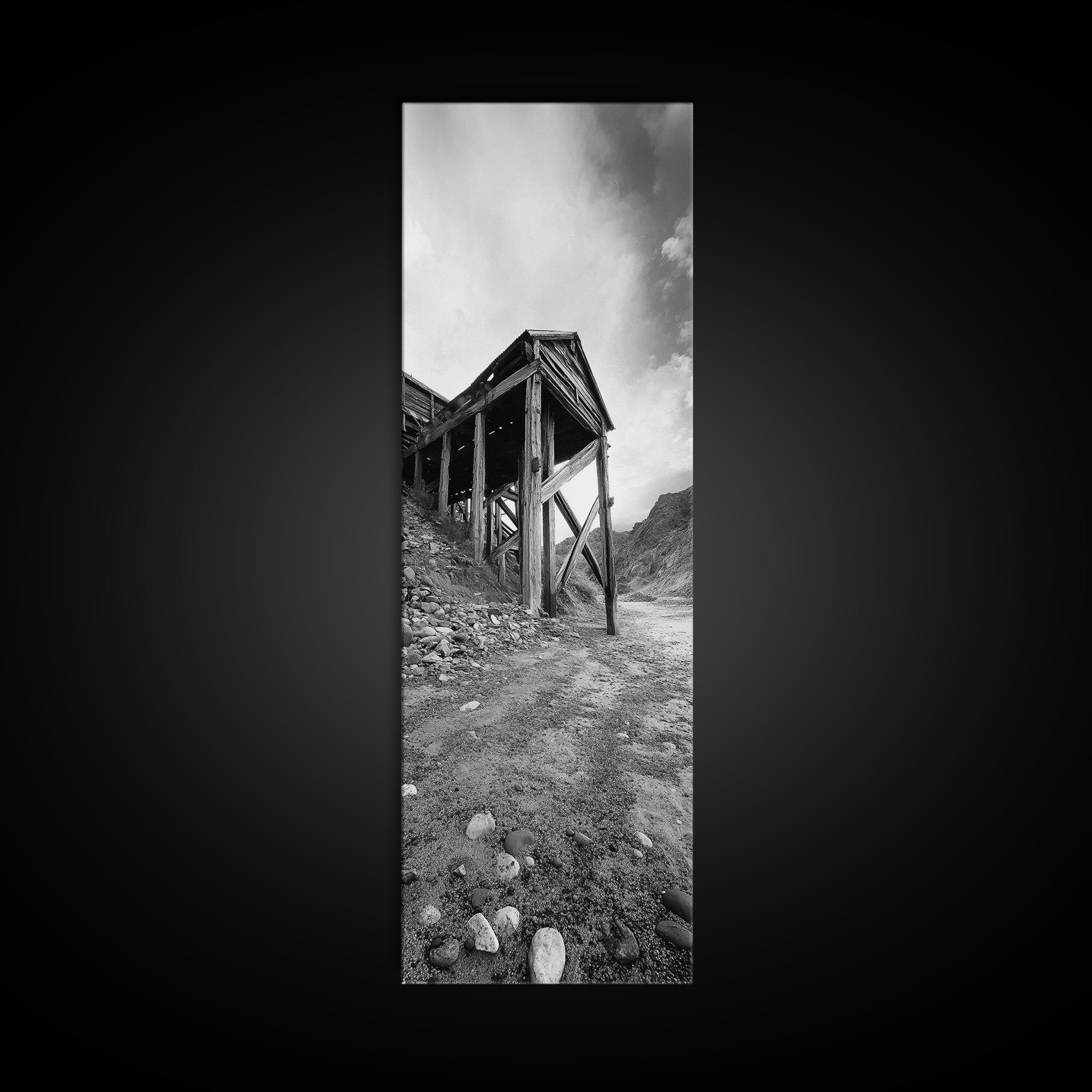 Abandoned Mine, Wooden Structure, Desert Scene, Western Vibes, Black and White Canvas Print, Industrial Rustic Living Room Wall Art