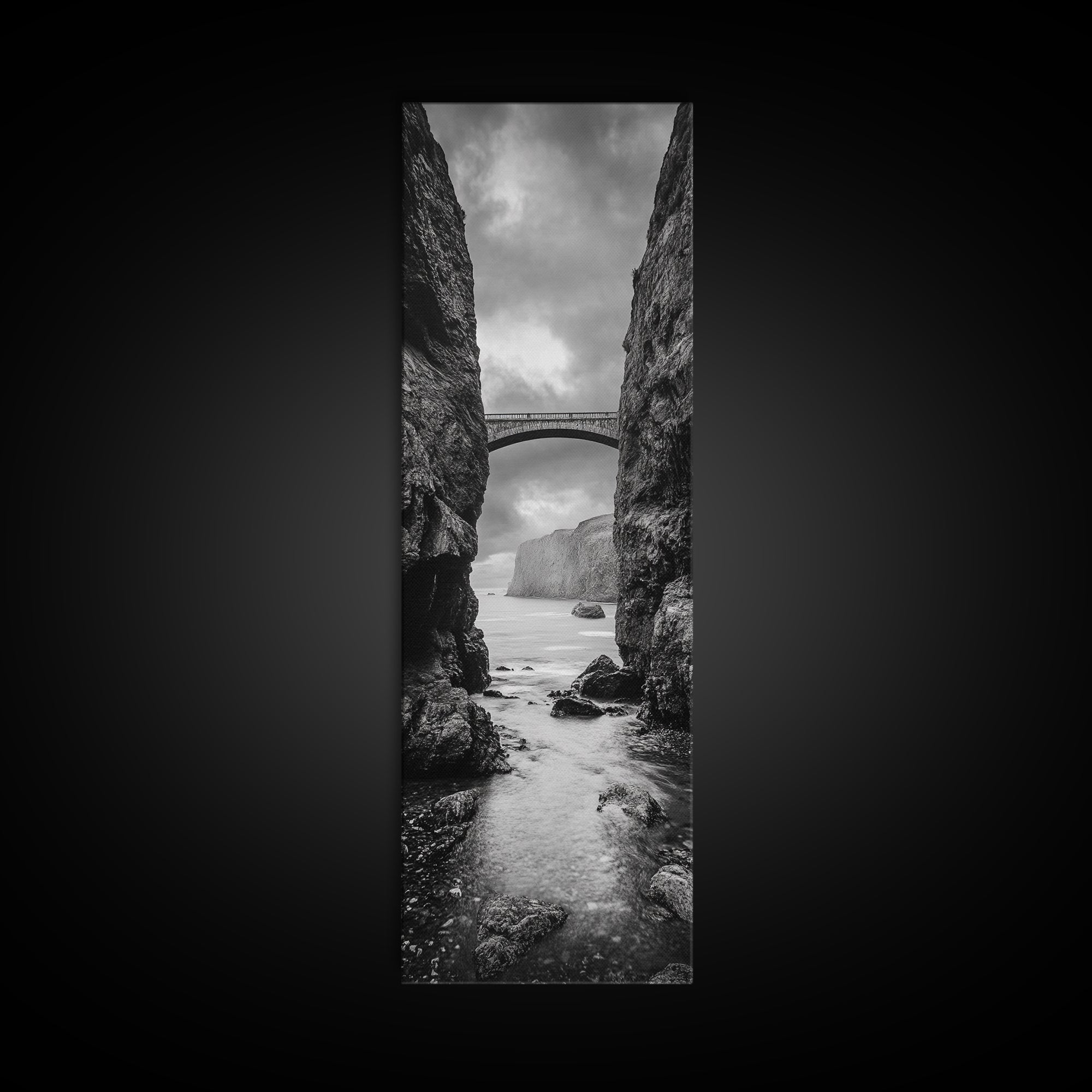 Sea Arch, Cliff Bridge, Coastal Landscape, Dramatic Ocean View, Black and White Framed Canvas Print, Bathroom Art, Hallway Wall Art