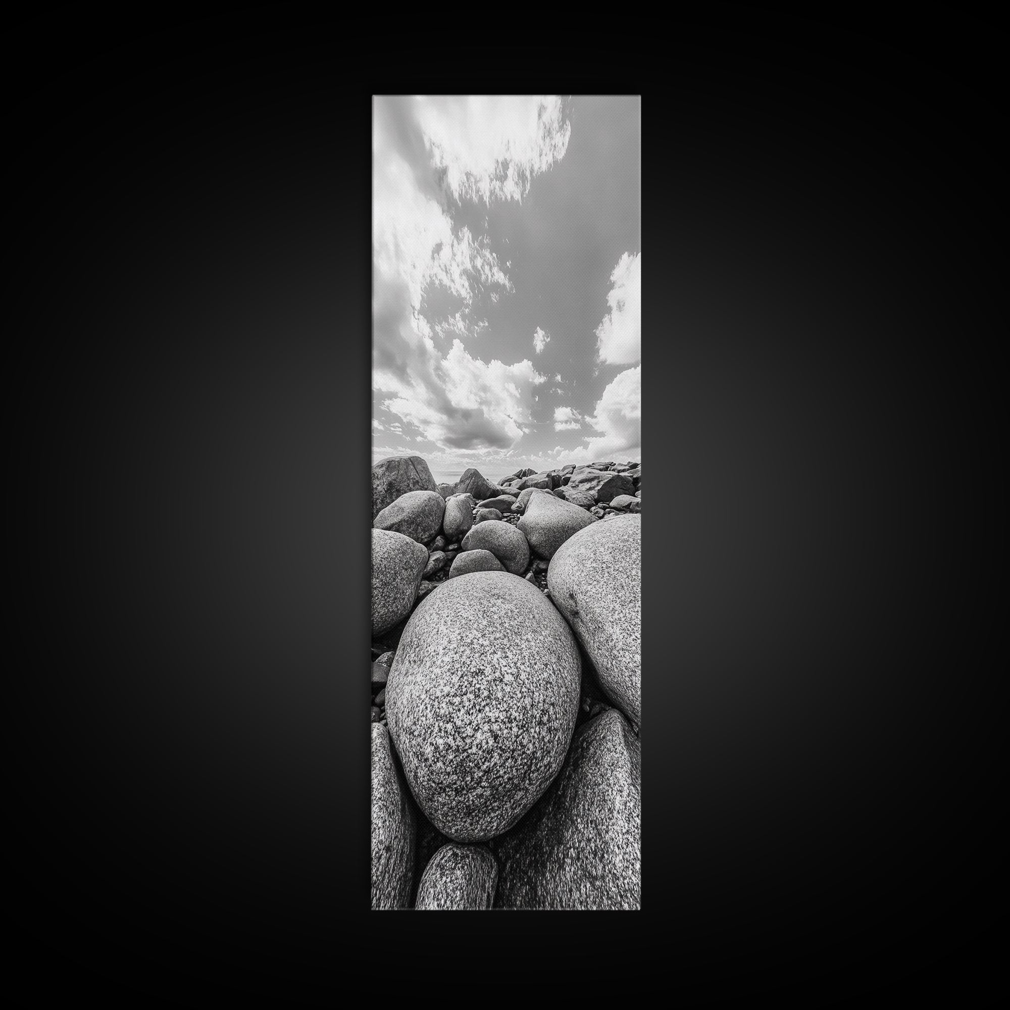 Granite Boulders, Coastal Rocks, Ocean Horizon, Dramatic Clouds, Framed Canvas Print, Nature Wall Art, Modern Beach House Decor