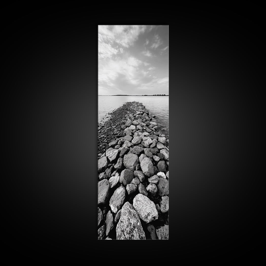 Rocky Jetty, Ocean Horizon, Black and White Seascape, Minimalist Nature, Canvas Print, Neutral Wall Decor, Office Wall Art, Hallway Decor