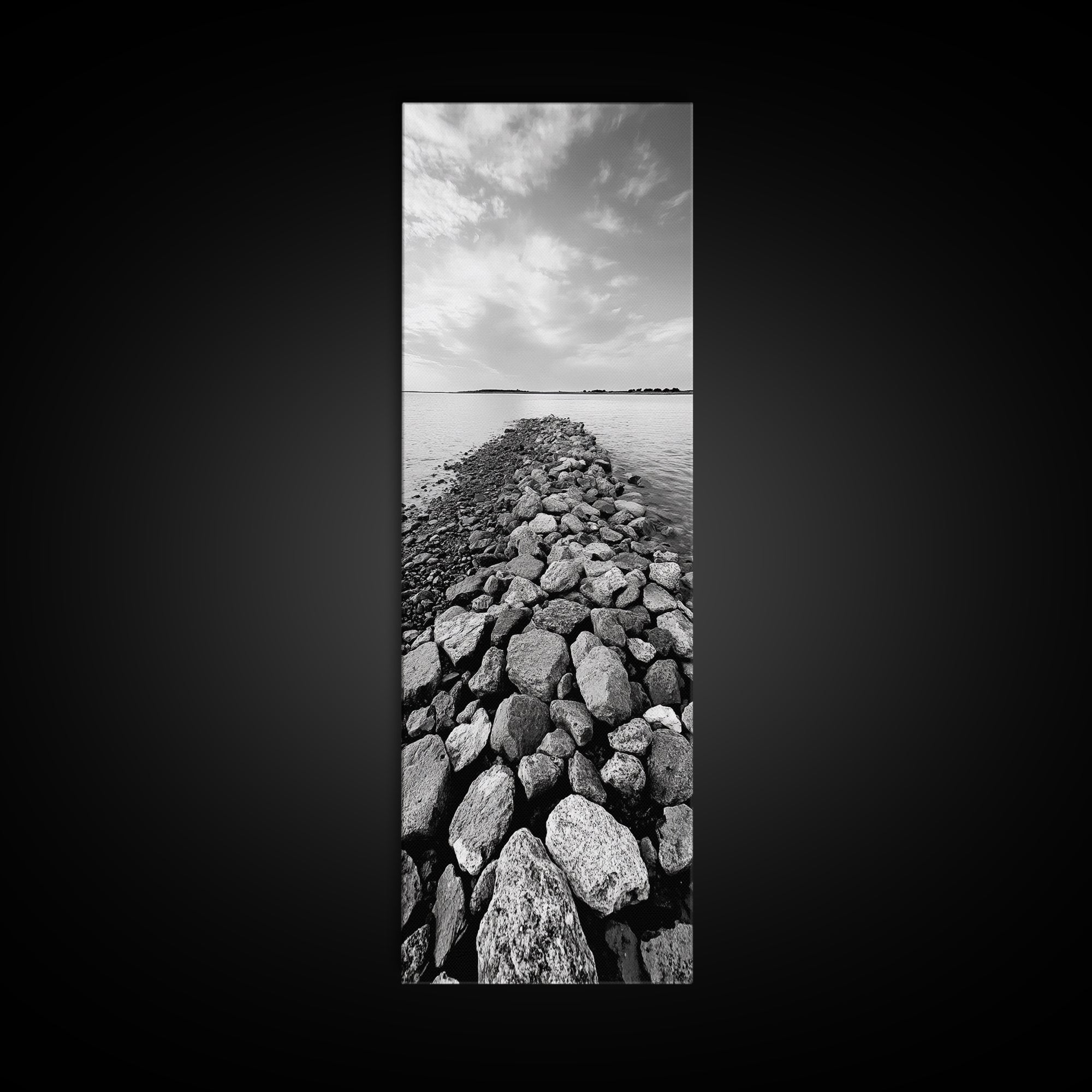 Rocky Jetty, Ocean Horizon, Black and White Seascape, Minimalist Nature, Canvas Print, Neutral Wall Decor, Office Wall Art, Hallway Decor