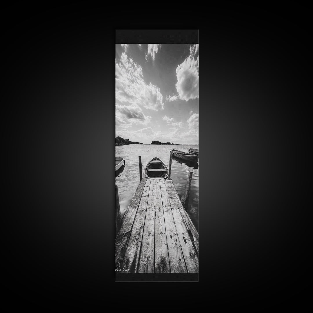 Docked Rowboat, Calm Waters, Rustic Pier, Serene Lake View, Framed Canvas Print, Black and White Coastal Art, Bedroom Wall Decor