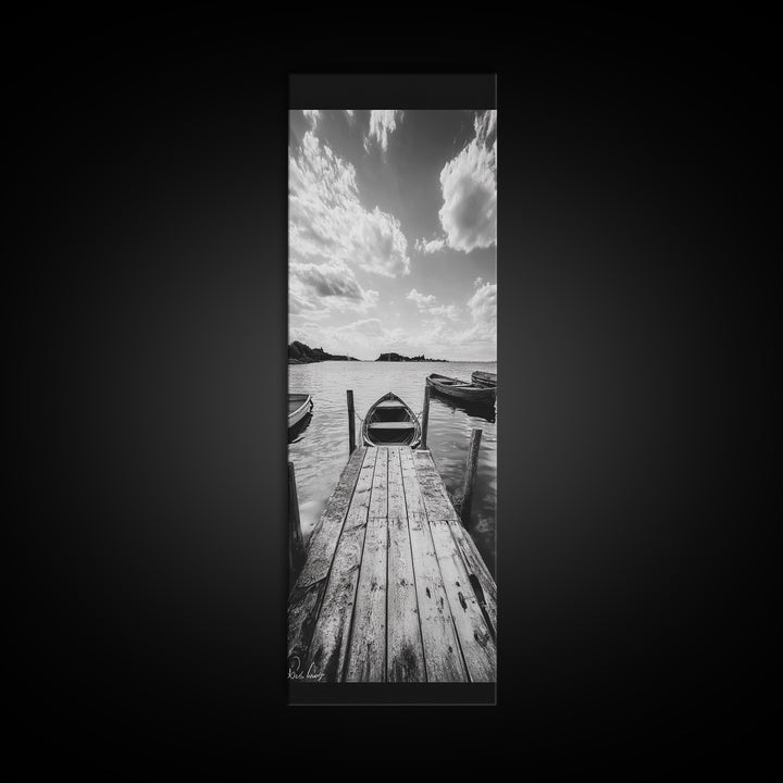 Docked Rowboat, Calm Waters, Rustic Pier, Serene Lake View, Framed Canvas Print, Black and White Coastal Art, Bedroom Wall Decor