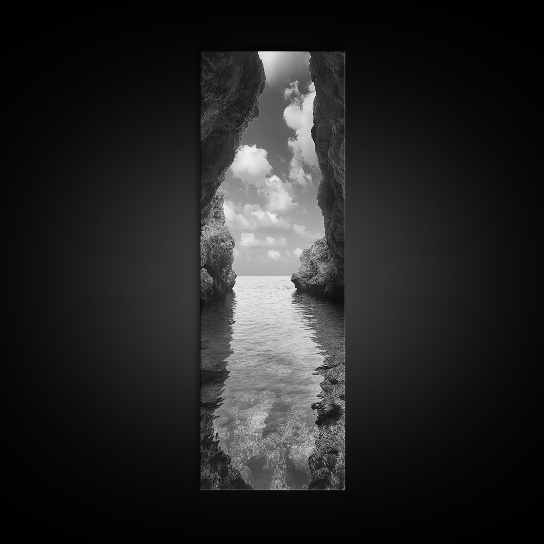 Ocean Cave, Tranquil Waters, Cloudy Sky, Coastal Wall Art, Canvas Print, Black and White Nature Decor, Modern Beach House Wall Art