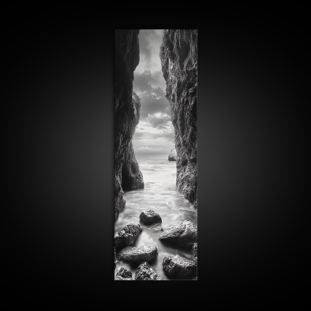 Rocky Passage, Seaside View, Cave Entrance, Dramatic Nature Scene, Framed Canvas Print, Moody Black and White Bedroom Wall Art, Hallway Decor