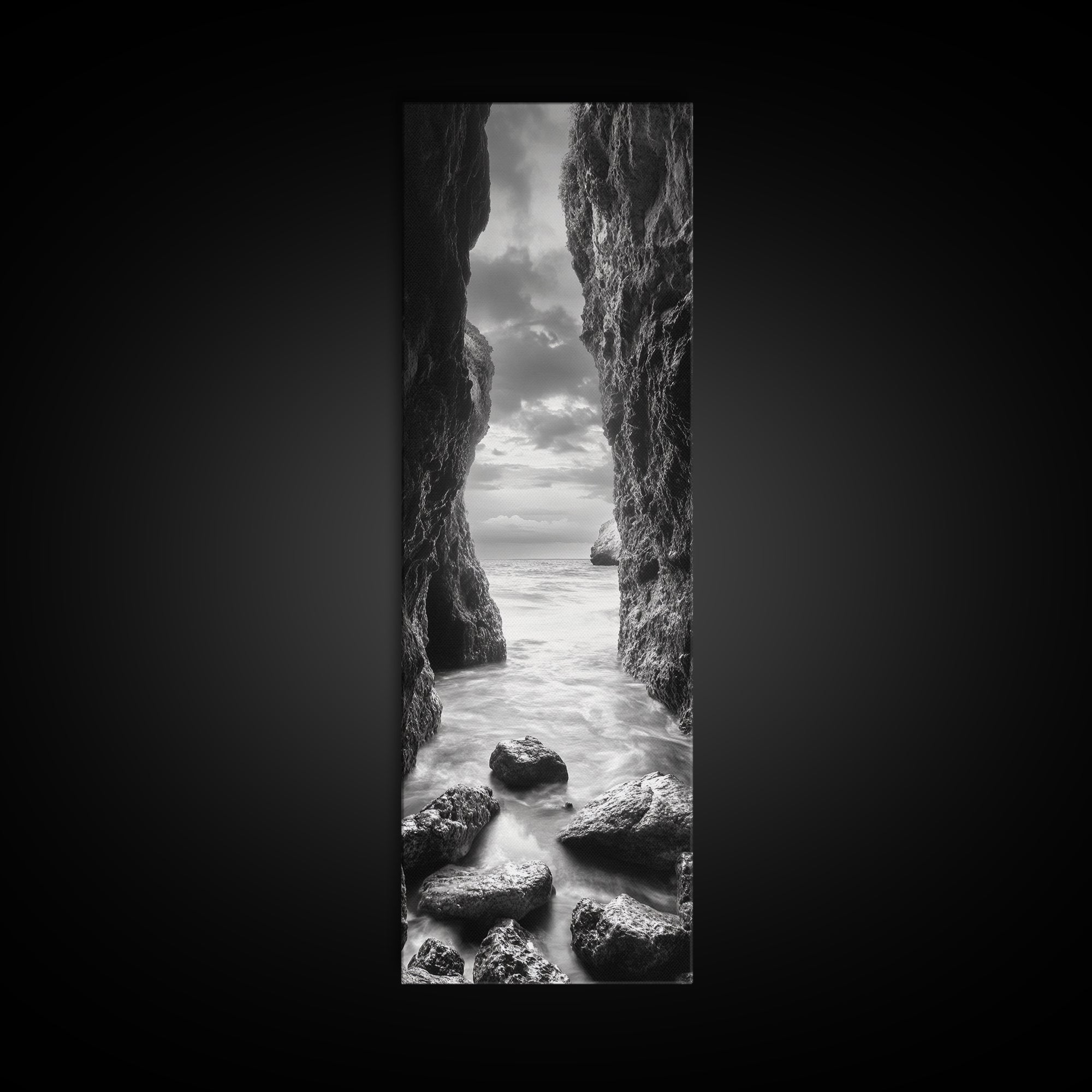 Rocky Passage, Seaside View, Cave Entrance, Dramatic Nature Scene, Framed Canvas Print, Moody Black and White Bedroom Wall Art, Hallway Decor