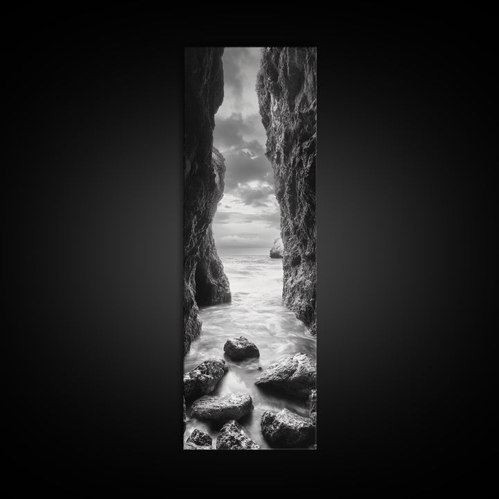 Rocky Passage, Seaside View, Cave Entrance, Dramatic Nature Scene, Framed Canvas Print, Moody Black and White Bedroom Wall Art, Hallway Decor