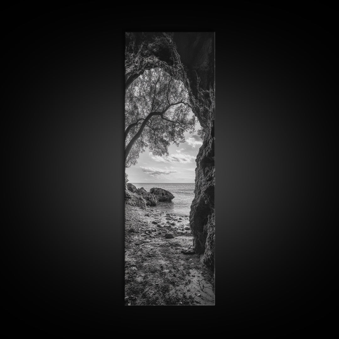 Cave View, Coastal Tree, Ocean Horizon, Black and White Landscape, Canvas Print, Rustic Seaside Art, Living Room Art, Entry Wall Decor