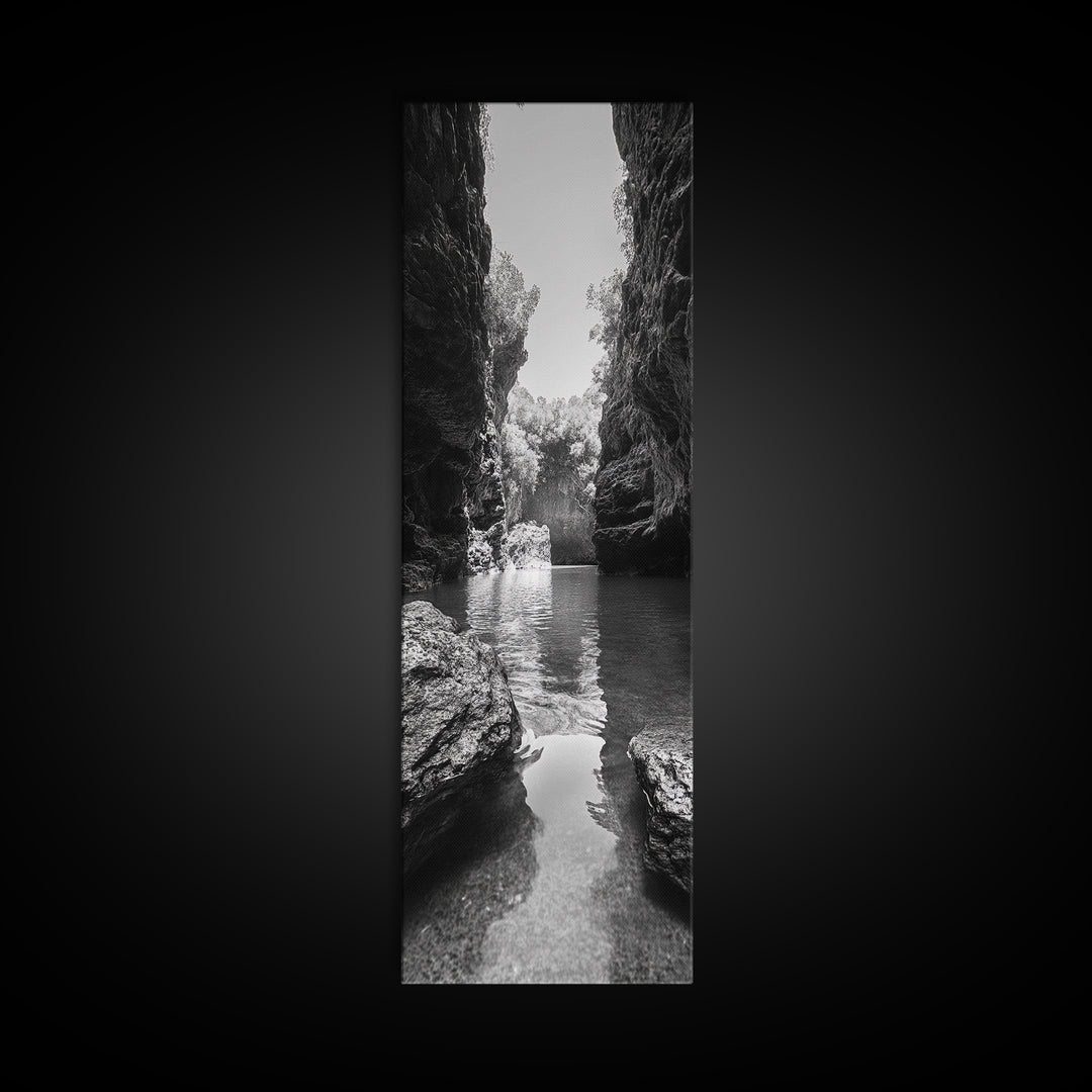 Cliff Canyon, Tranquil Water, Forest Reflection, Natural Pool, Framed Canvas Print, Black and White Nature Art, Spa Print, Hallway Decor