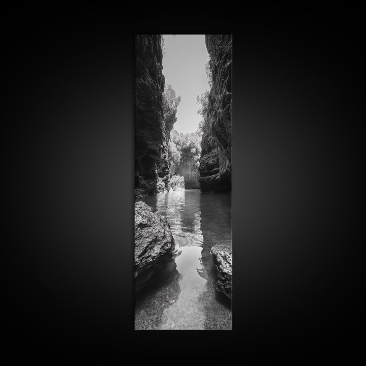 Cliff Canyon, Tranquil Water, Forest Reflection, Natural Pool, Framed Canvas Print, Black and White Nature Art, Spa Print, Hallway Decor