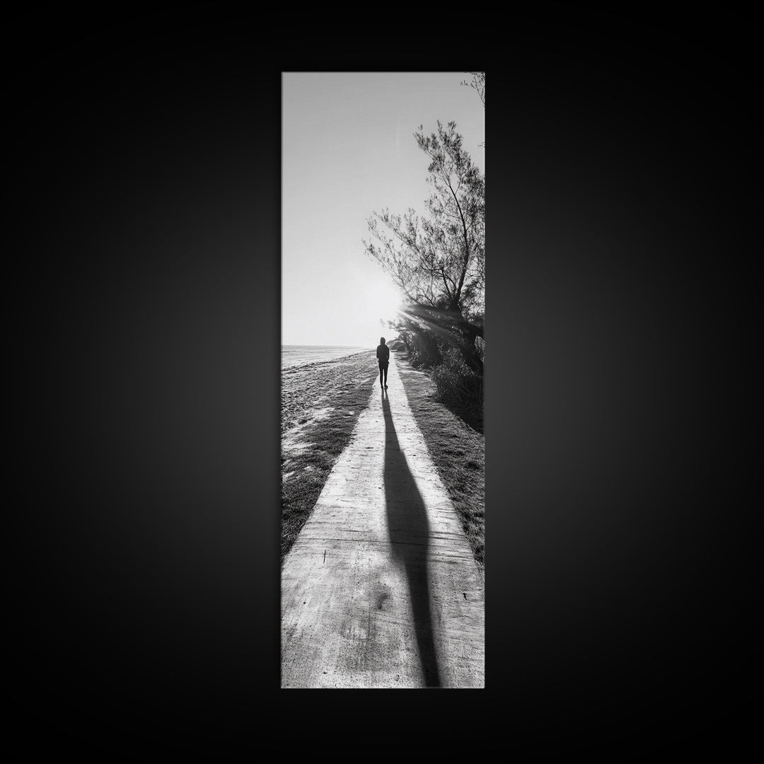 Walkway Shadows, Coastal Path, Minimalist Silhouette, Black and White Art, Framed Canvas Print, Hallway Decor, Calm Modern Wall Art