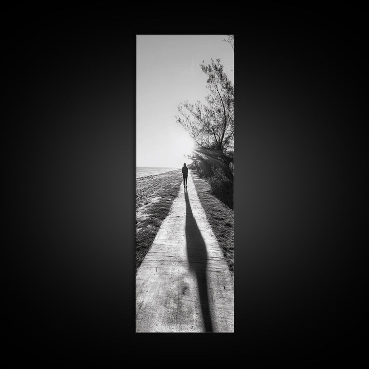 Walkway Shadows, Coastal Path, Minimalist Silhouette, Black and White Art, Framed Canvas Print, Hallway Decor, Calm Modern Wall Art