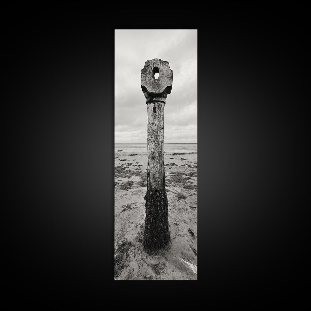 Driftwood Totem, Coastal Pillar, Ocean Beach Monochrome, Framed Canvas Print, Rustic Wall Art, Boho Bedroom Decor, Nature Photography