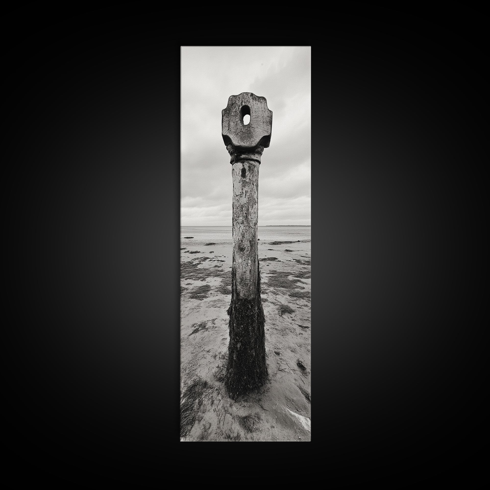 Driftwood Totem, Coastal Pillar, Ocean Beach Monochrome, Framed Canvas Print, Rustic Wall Art, Boho Bedroom Decor, Nature Photography