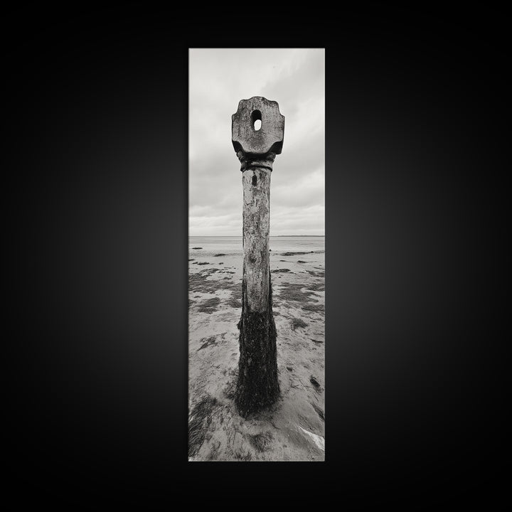 Driftwood Totem, Coastal Pillar, Ocean Beach Monochrome, Framed Canvas Print, Rustic Wall Art, Boho Bedroom Decor, Nature Photography