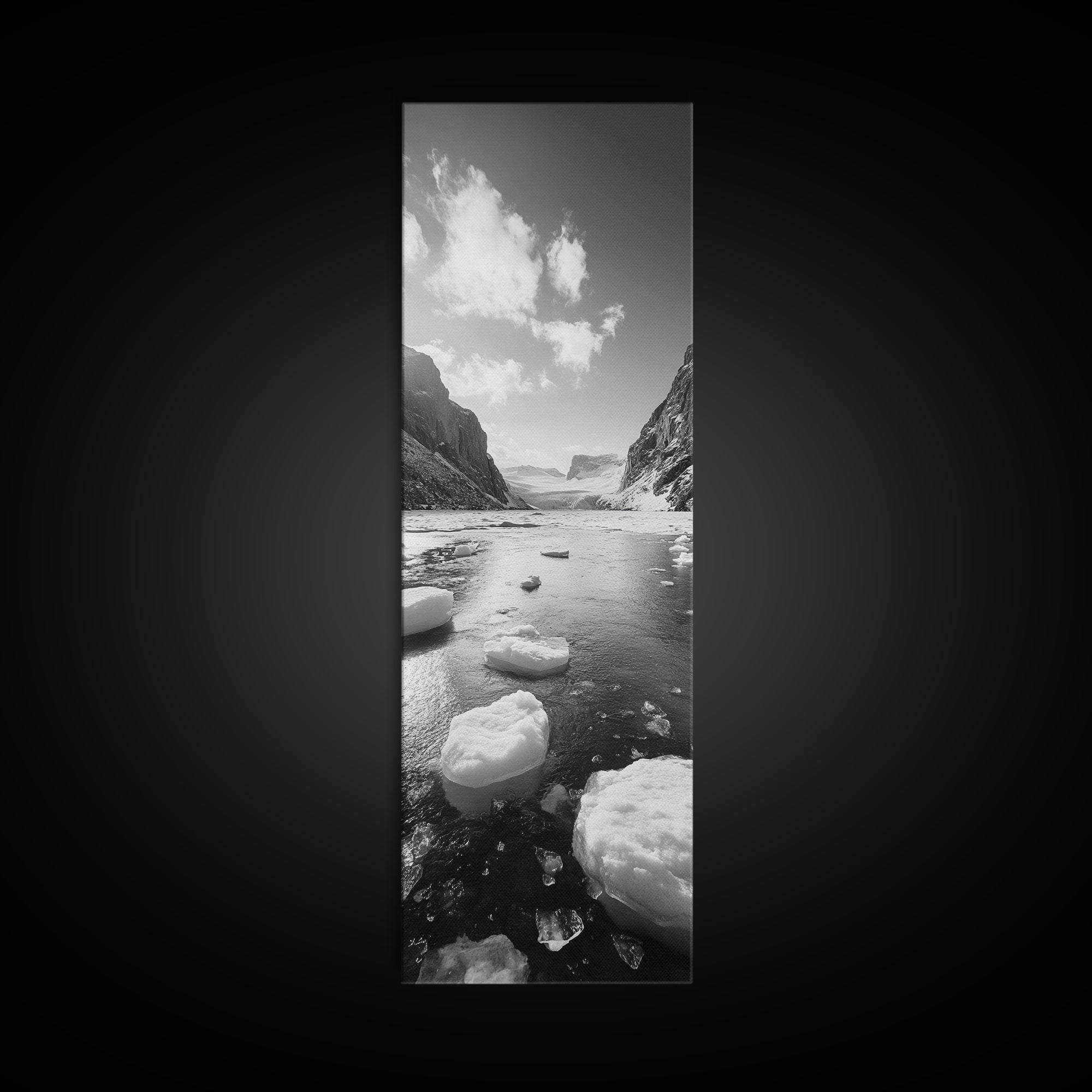 Arctic River, Snowy Mountains, Glacier Melt, Framed Canvas Print, Winter Landscape Art, Modern Living Room Decor, Nordic Aesthetic