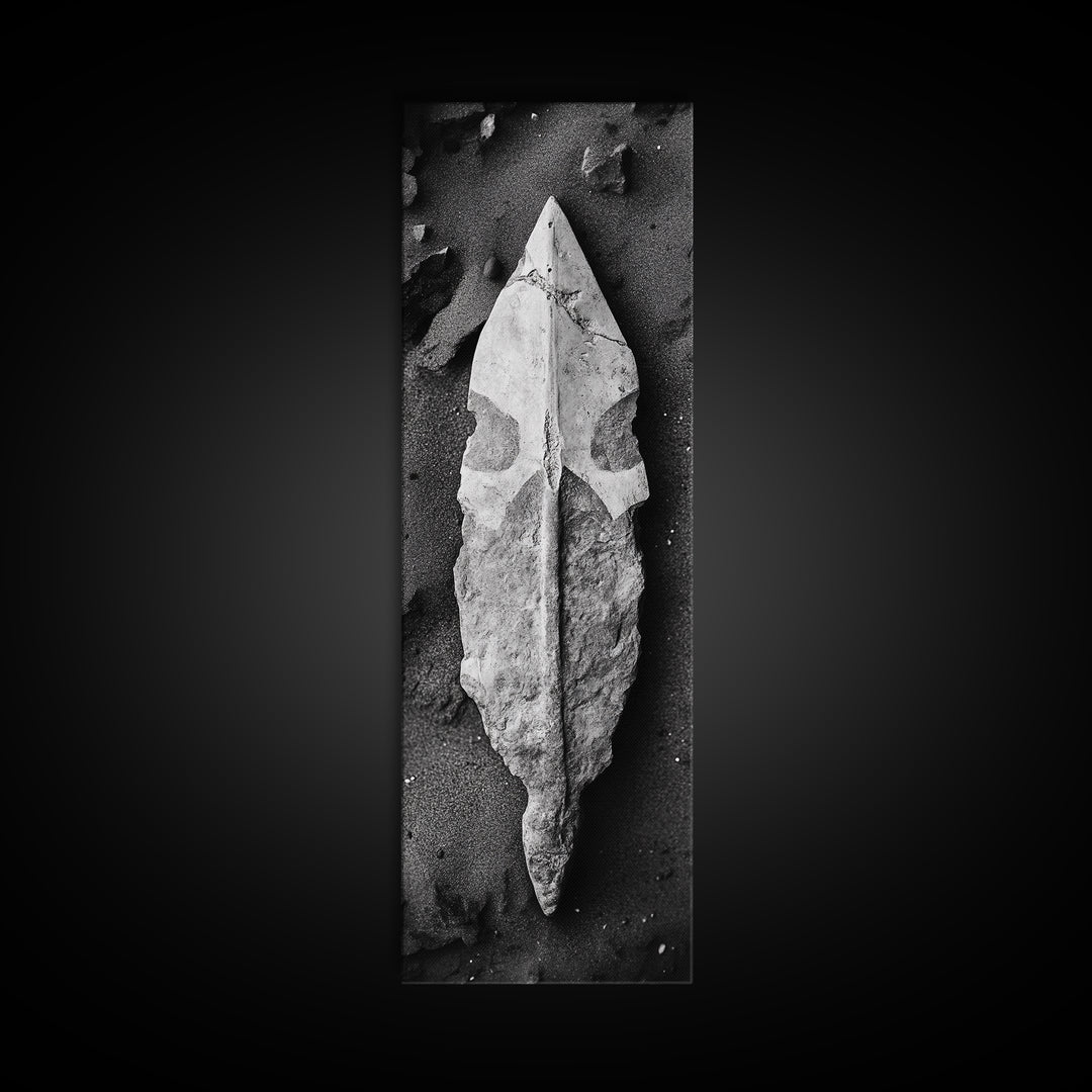 Ancient Arrowhead, Primitive Stone, Monochrome Artifact, Framed Canvas Print, Masculine Office Art, Boho Study Decor, Earthy Design
