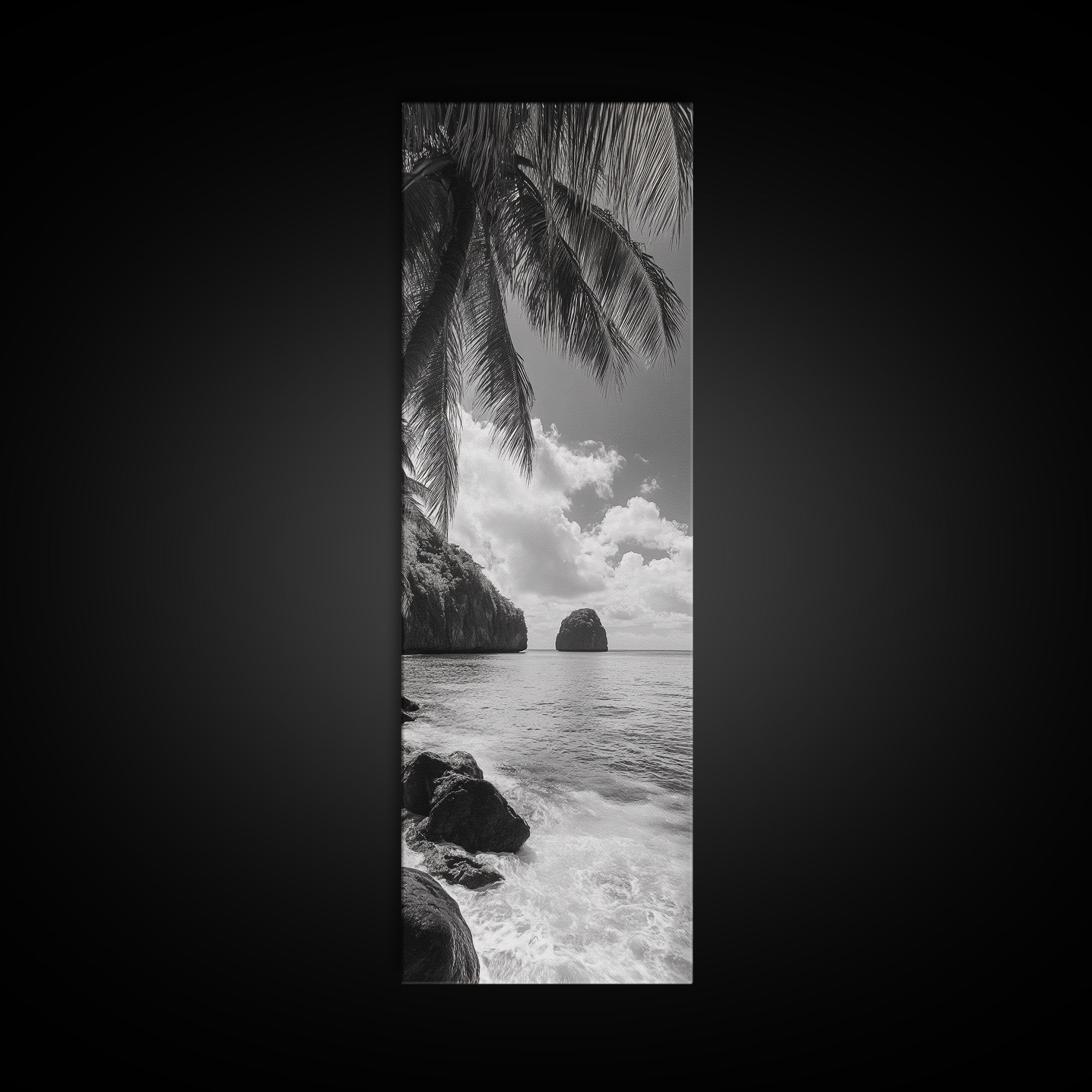 Island View, Palm Shoreline, Tropical Escape, Framed Canvas Print, Beach House Wall Art, Coastal Summer Decor, Zen Ocean Aesthetic