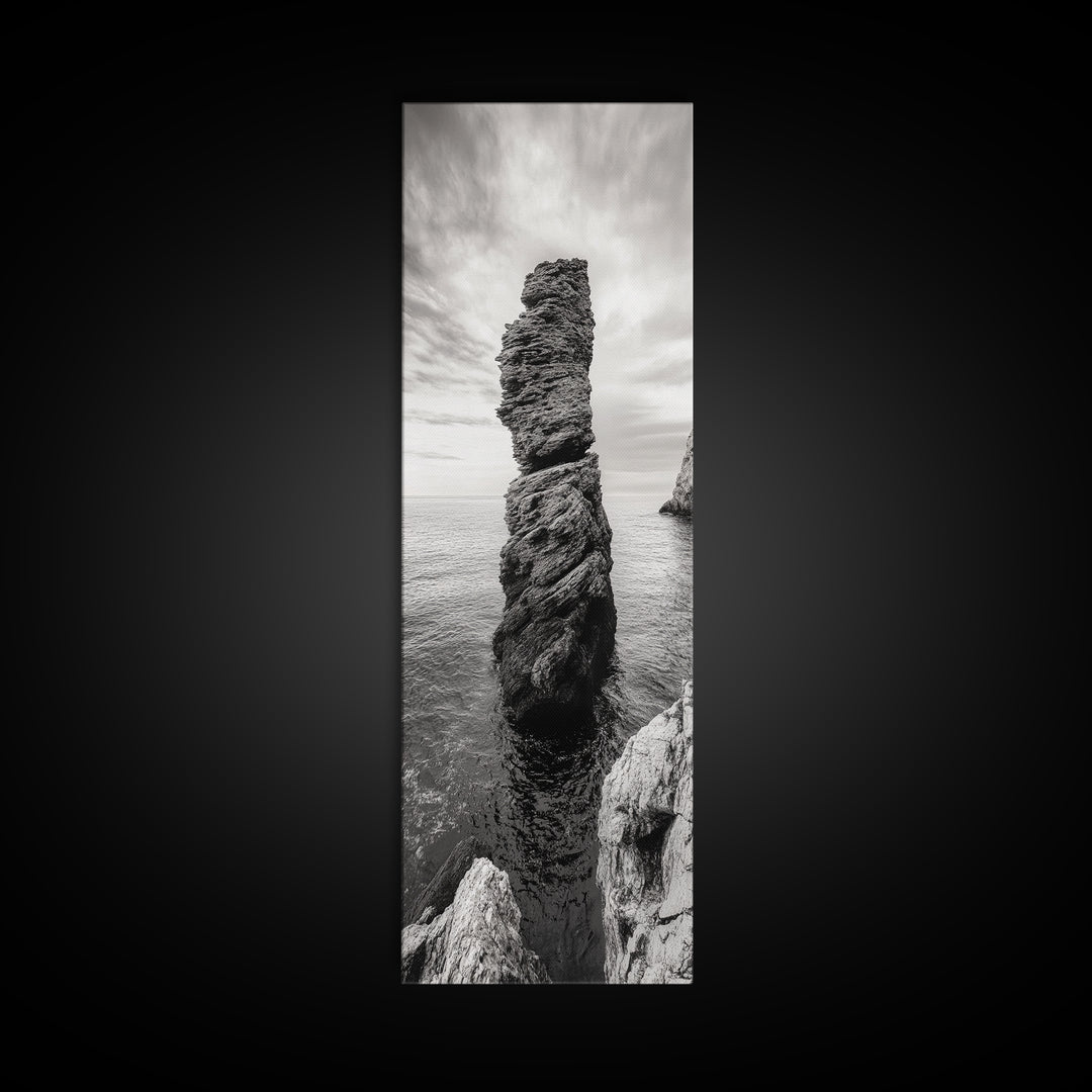 Coastal Rock, Ocean Tower, Nature Photography, Framed Canvas Print, Minimalist Wall Decor, Living Room Wall Art, Black and White Seascape