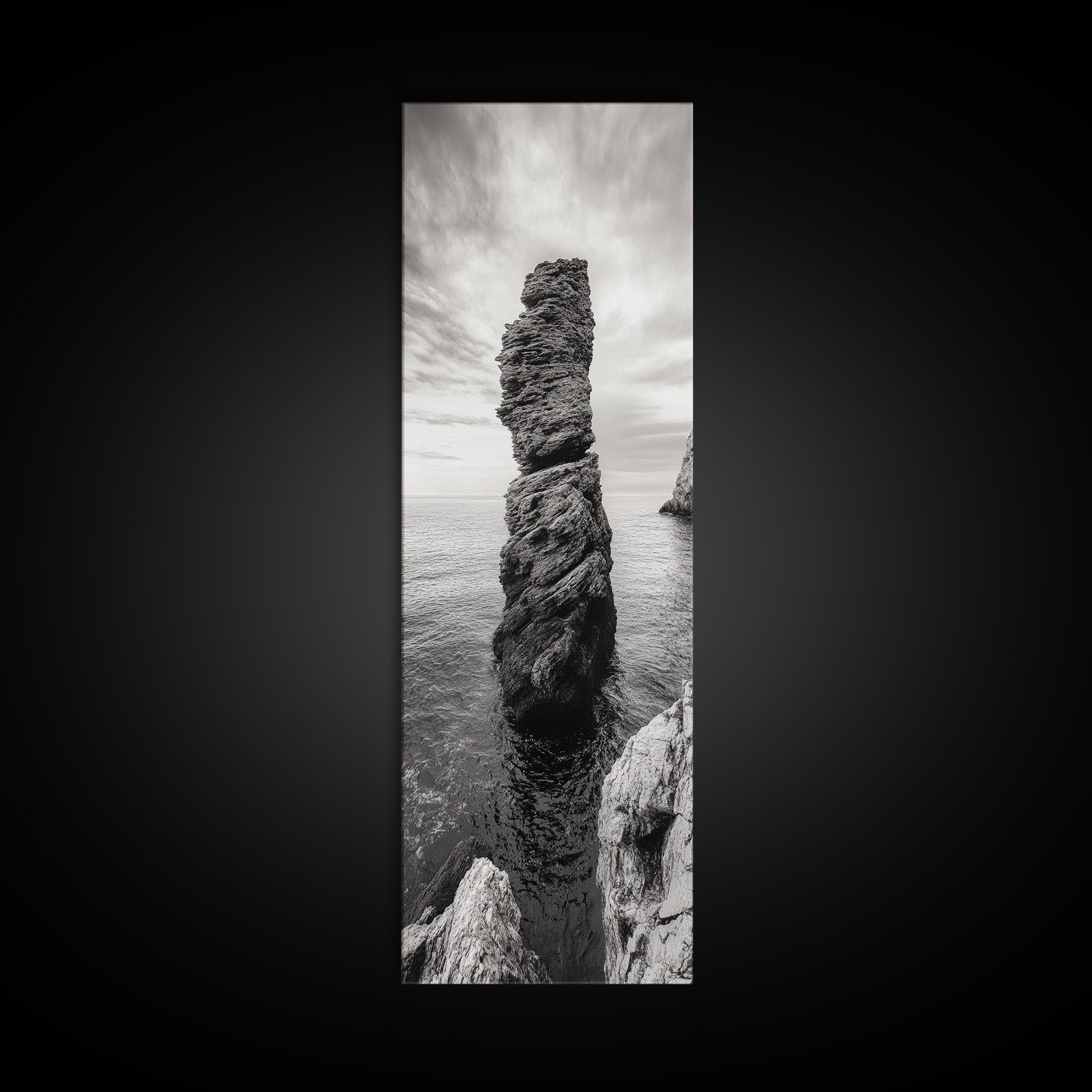 Coastal Rock, Ocean Tower, Nature Photography, Framed Canvas Print, Minimalist Wall Decor, Living Room Wall Art, Black and White Seascape